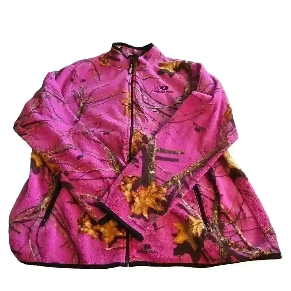 Mossy Oak Fleece Jacket 2xl Pink Camouflage Full Zip Mock Neck Sweater Casual